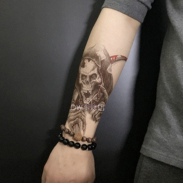 纹身贴骷髅头黑白花臂半臂镰刀死神图腾防水仿真刺青d159买一送一