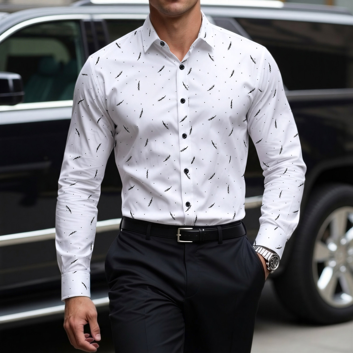 男士春秋休闲羽毛花色打底长袖衬衫228-CS58-P15，男装T恤，星座228