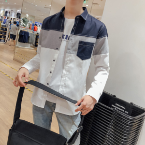 韩版新款男士撞色衬衫条纹拼接休闲装长袖衬衣228-CS43-P40,枣红色搭配衬衫图片图片