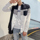 韩版新款男士撞色衬衫条纹拼接休闲装长袖衬衣228-CS43-P40，男装衬衫，星座228