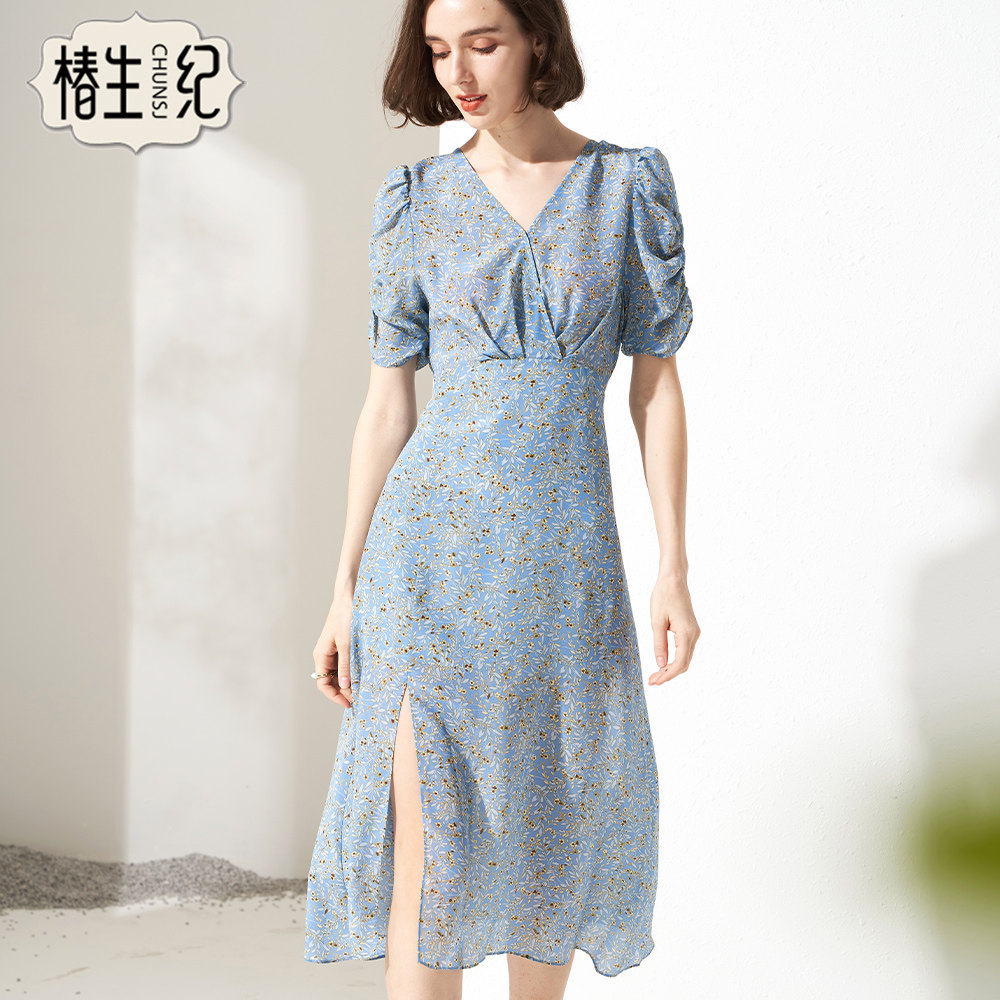2023夏季新款轻熟风V领桑蚕丝真丝法式蓝色碎花连衣长裙泡泡短袖