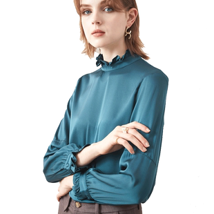 椿生纪春夏纯色木耳边立领桑蚕丝衬衫孔雀蓝长袖真丝上衣显瘦新款