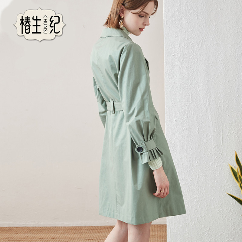 椿生纪2023春秋新款帅气大翻领纯色休闲长款风衣女绿色外套系带女
