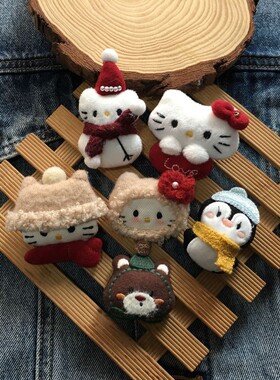 新款圣诞系列毛绒公仔胸针红色喜庆围巾雪人猫咪刺绣装饰ins