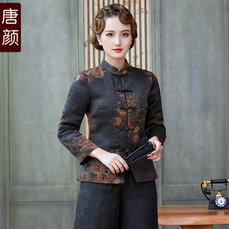 唐颜2020新款秋冬季真丝夹棉棉袄香云纱中国风唐装女盘扣旗袍上衣