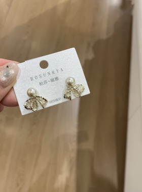韩系小众复古气质咖金珍珠耳饰耳钉氛围感甜美蕾丝蝴蝶结耳坠银针