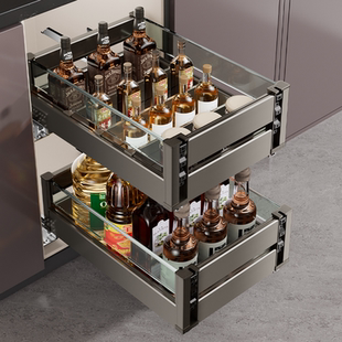 金牌橱柜调味拉篮厨房橱柜304不锈钢双层抽屉式厨柜收纳调料碗篮