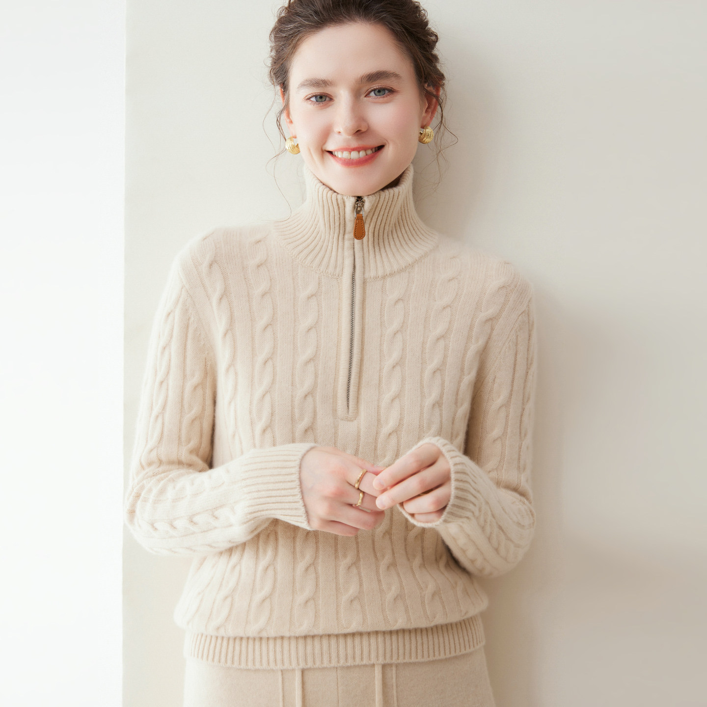 蓝诗宝 重磅加厚半开高领麻花女100%纯山羊绒时尚针织打底上衣