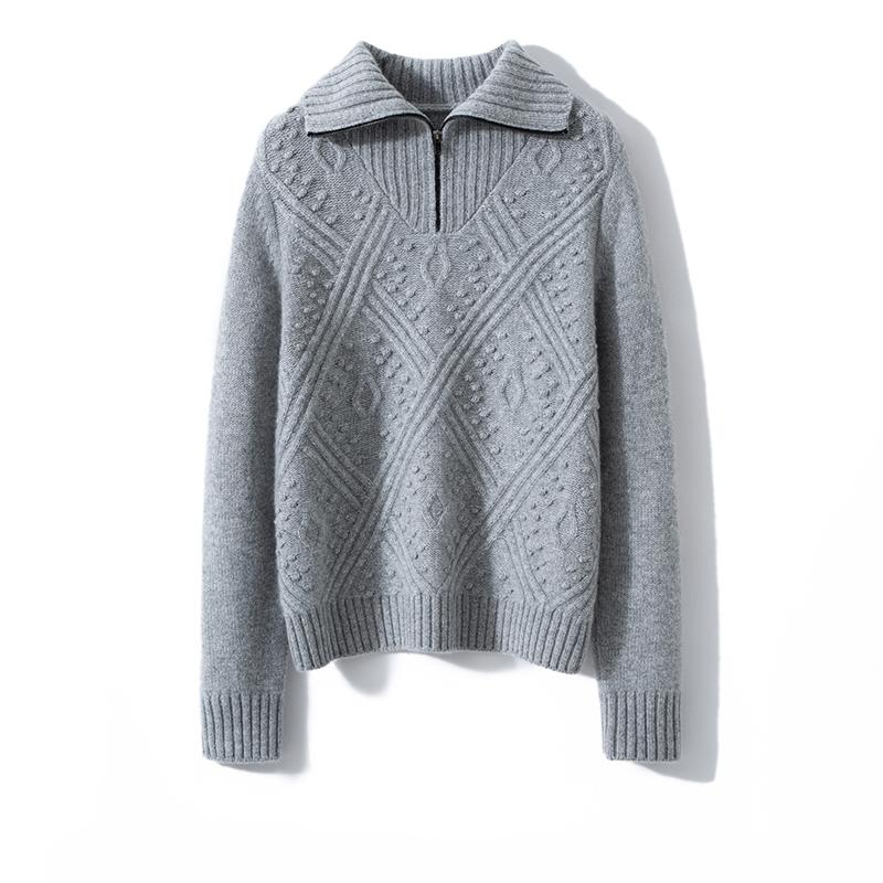 【MAX同款】100山羊绒女半拉链翻领宽松慵懒风针织打底衫套头毛衣