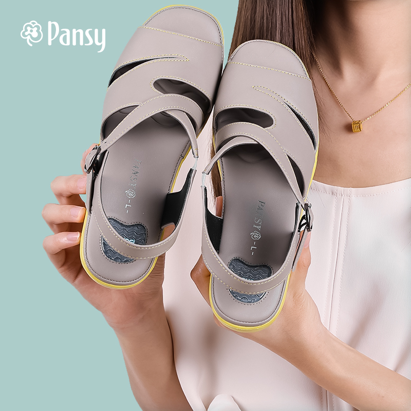 pansy日本女鞋夏季新款休闲百搭平底软底轻便复古妈妈大码凉鞋