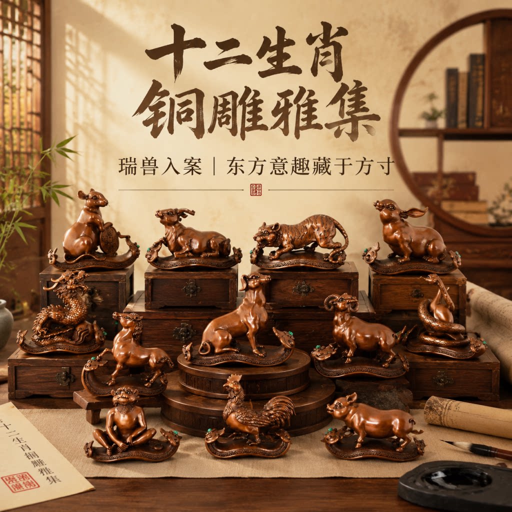 纯紫铜十二生肖摆件全套大号本命年三合局家居客厅玄关装饰工艺品