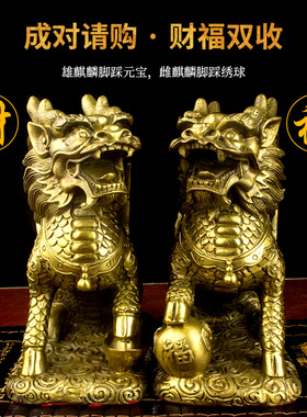 铜麒麟摆件招财安宅纯铜化解送子踩八卦一对风水客厅家居饰品