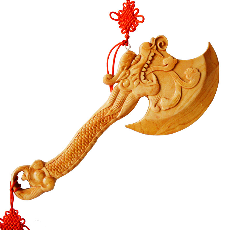 泰山老奶奶桃木斧子搬家睚眦龙头斧木雕摆件饰品结婚坐福挂件