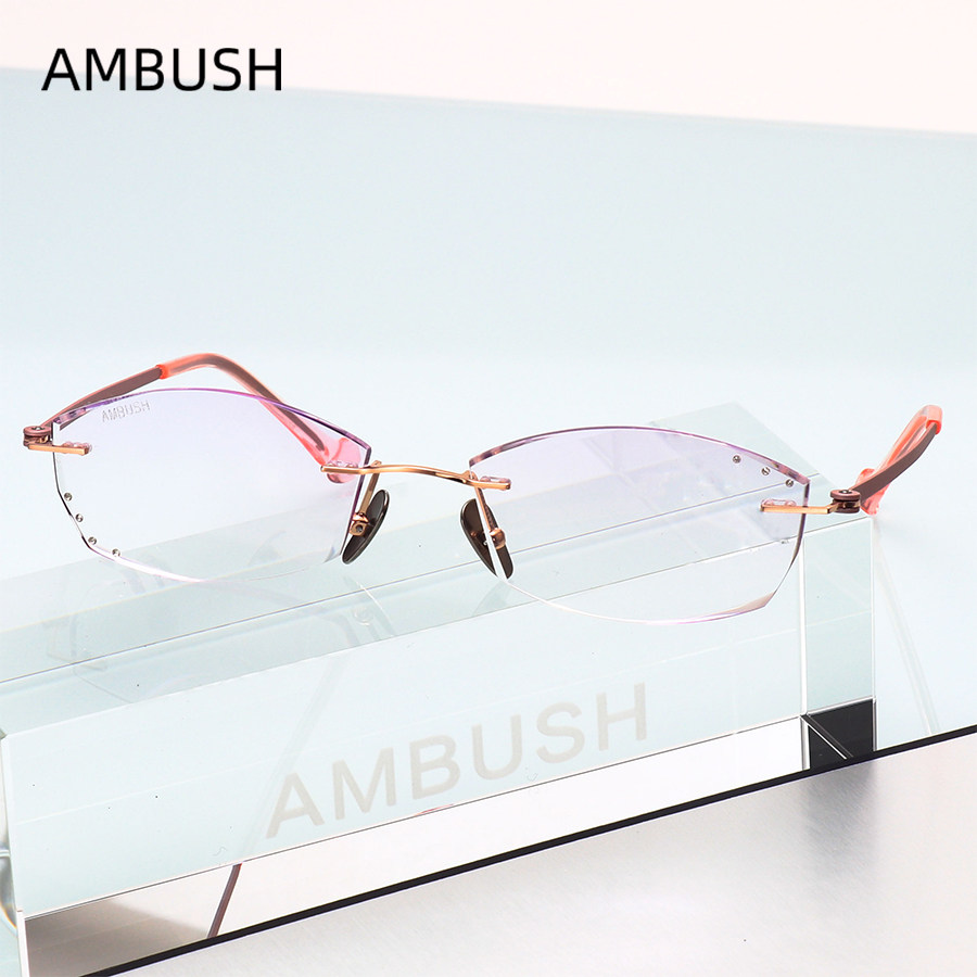 AMBUSH近视眼镜女可配度数纯钛无框切边超轻防蓝光成品光学眼镜