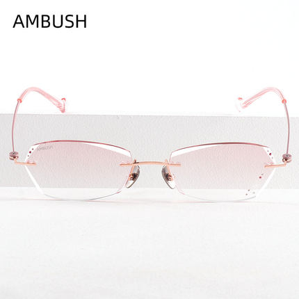 ambush无框眼镜框近视眼镜架超轻纯钛成品粉色钻石切边雕花素颜女