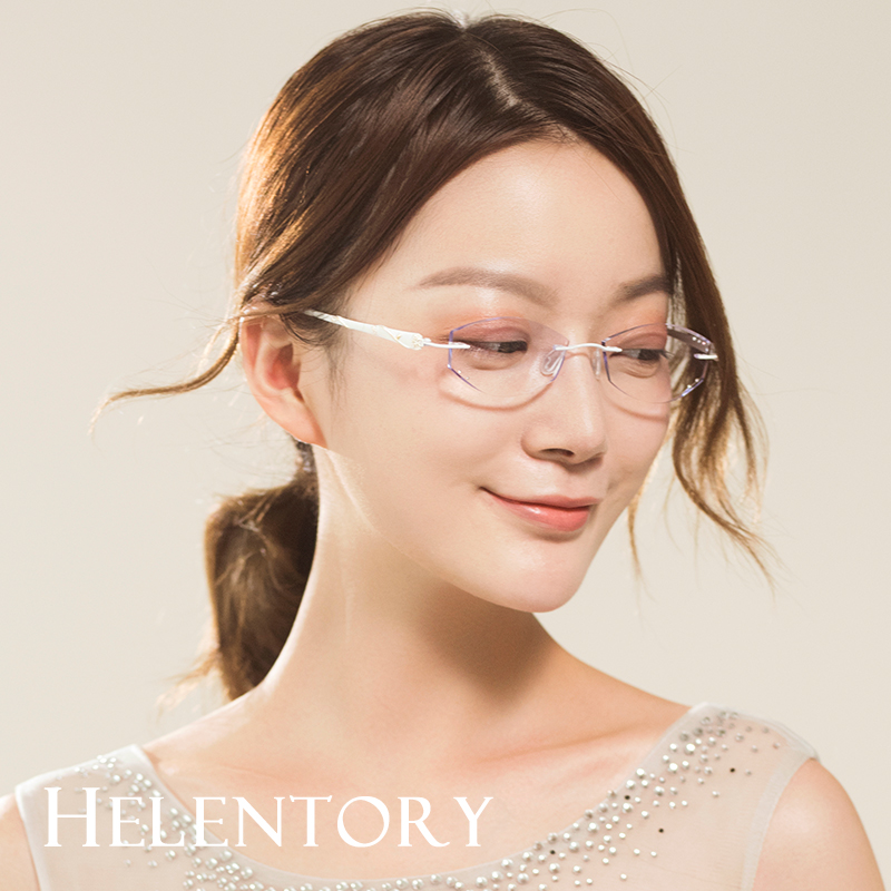 HelenTory纯钛眼镜架 女款 镶钻石切边近视眼镜 轻盈无框眼镜2812