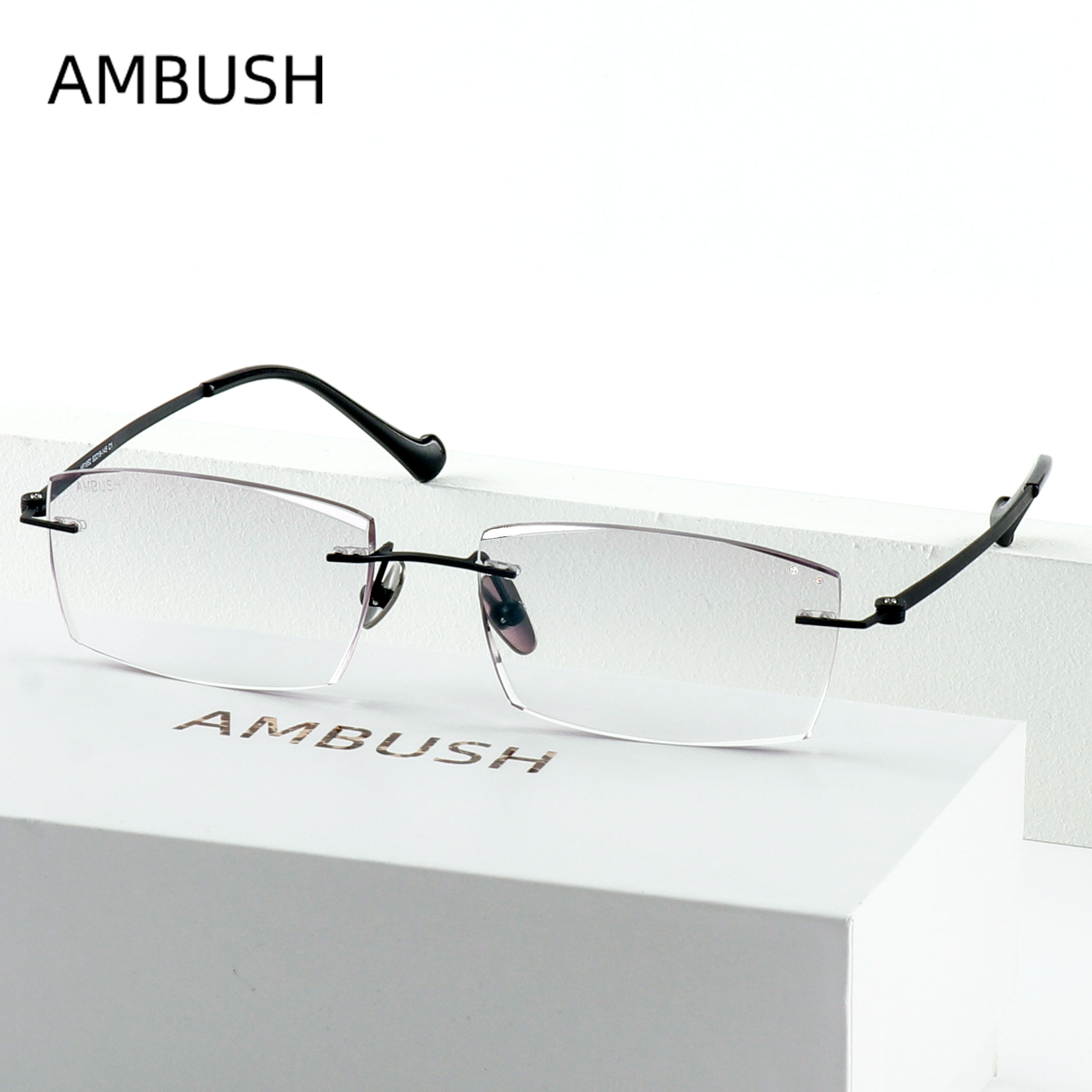 AMBUSH 无框架 近视眼镜 镶钻 纯钛眼镜架 渐变灰色 商务黑色镜架