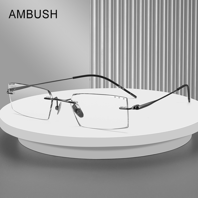 ambush防蓝光钻石切边眼镜男无框近视纯钛合金架平光抗辐射大脸