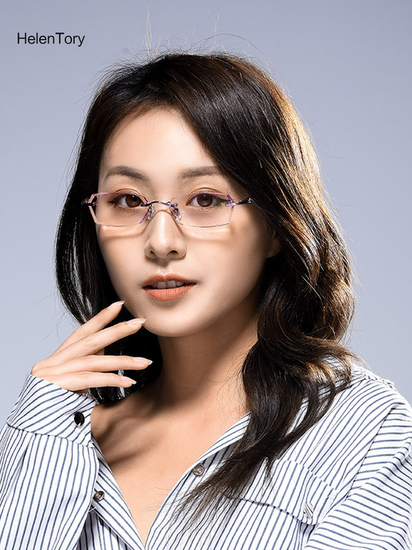 配韩国近视眼镜无框眼镜女切边眼镜镶钻石渐变色超轻眼镜框潮成品