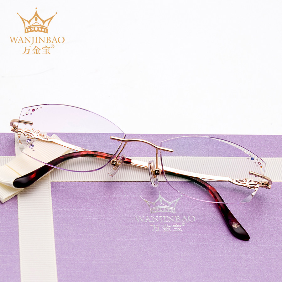 万金宝眼镜女配近视有度数纯钛镜架切边镶钻石防辐射成品潮w8804