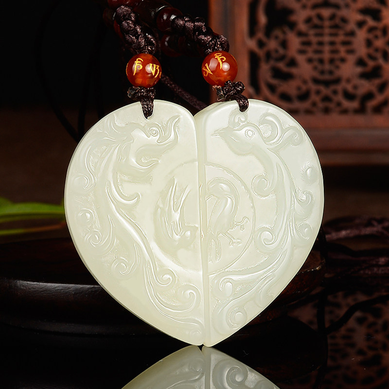 和田玉龙凤玉佩吊坠男女款情侣一对龙凤呈祥玉石项链定情信物挂件