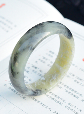 新疆和田玉青花手镯女款天然水墨画宽版泥鳅背平安镯59mm意境美