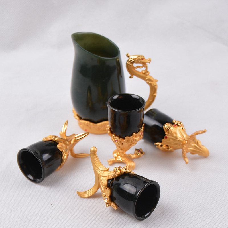 和田玉礼品和田青玉梅兰竹菊酒杯具金镶玉酒壶杯分酒器商务礼品