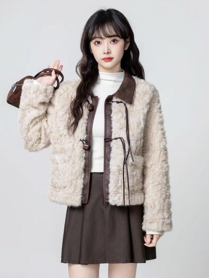 2025秋冬新款皮草外套女短款小个子环保貂毛皮毛一体撞色Pu小香风