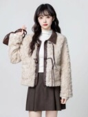 2025秋冬新款 皮草外套女短款 小个子环保貂毛皮毛一体撞色Pu小香风