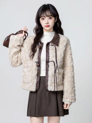 2025秋冬新款皮草外套女短款小个子环保貂毛皮毛一体撞色Pu小香风