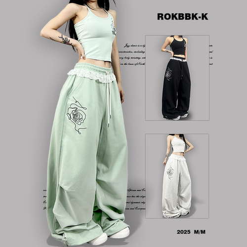 ROKBBK-K布韩街舞潮牌夏季新款山茶花刺绣蕾丝休闲爵士舞长裤女