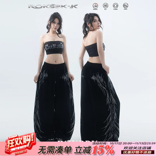 ROKBBK－K/布韩美式嘻哈风烫钻阔腿裤女黑色宽松街舞潮流休闲裤