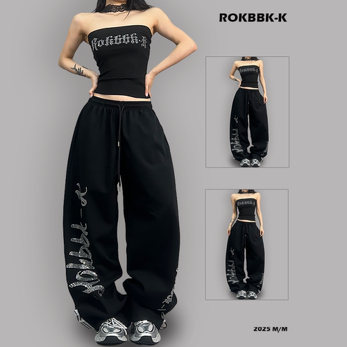 ROKBBK-K/布韩街舞潮牌运动裤女宽松烫钻夏季休闲嘻哈爵士舞长裤