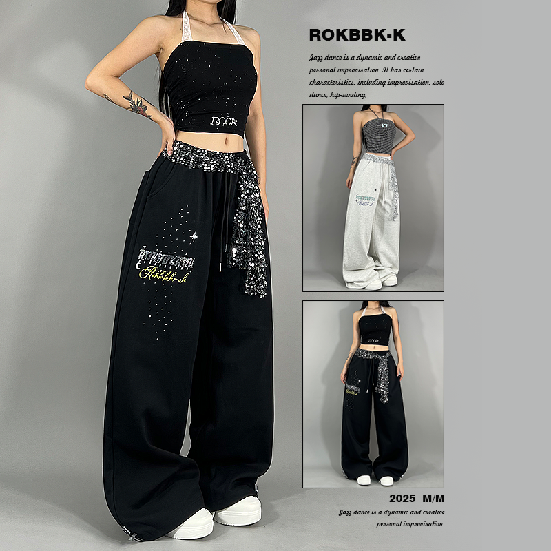 ROKBBK-K布韩街舞潮牌水钻字母hiphop小众设计感休闲裤女爵士舞