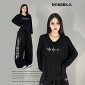 早秋长袖 ROKBBK K布韩街舞潮牌烫钻logo宽松性感罩衫 T恤女爵士舞