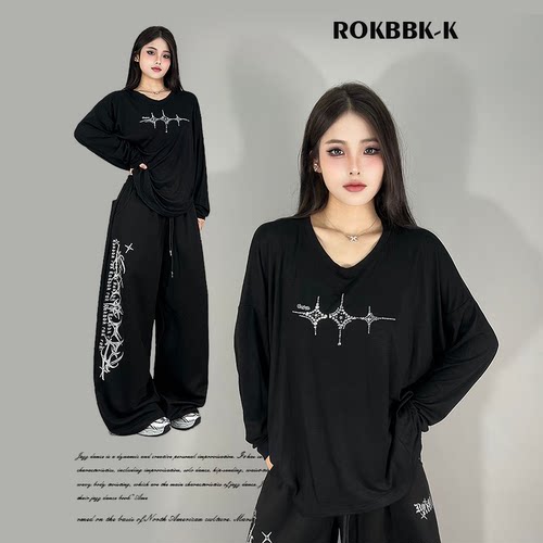 ROKBBK-K布韩街舞潮牌烫钻logo宽松性感罩衫早秋长袖T恤女爵士舞