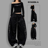 ROKBBK－K 街头 女宽松爆闪长裤 布韩美式 嘻哈风黑色烫钻阔腿裤