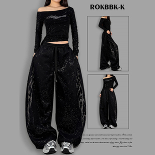 ROKBBK－K/布韩美式嘻哈风黑色烫钻阔腿裤女宽松爆闪长裤街头