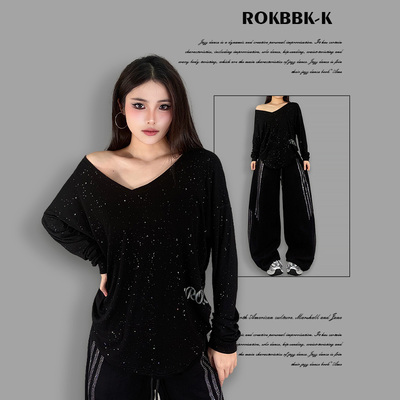 ROKBBK－K/布韩ROKBBK-K黑色烫钻长袖T恤女宽松街头风百搭上衣