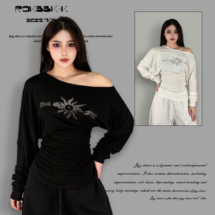 ROKBBK－K T恤女辣妹风字母印花百搭上衣 布韩休闲慵懒风露肩长袖