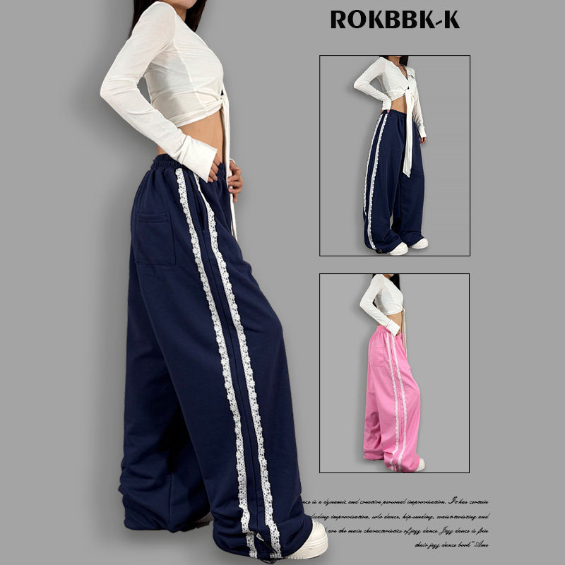 ROKBBK－K/布韩复古运动风阔腿裤女蕾丝边宽松休闲长裤街舞潮牌