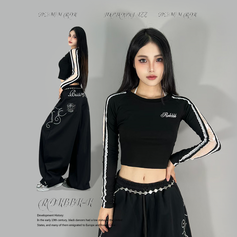 ROKBBK-K布韩街舞潮牌蕾丝拼接性感显瘦长袖T恤女百搭爵士舞