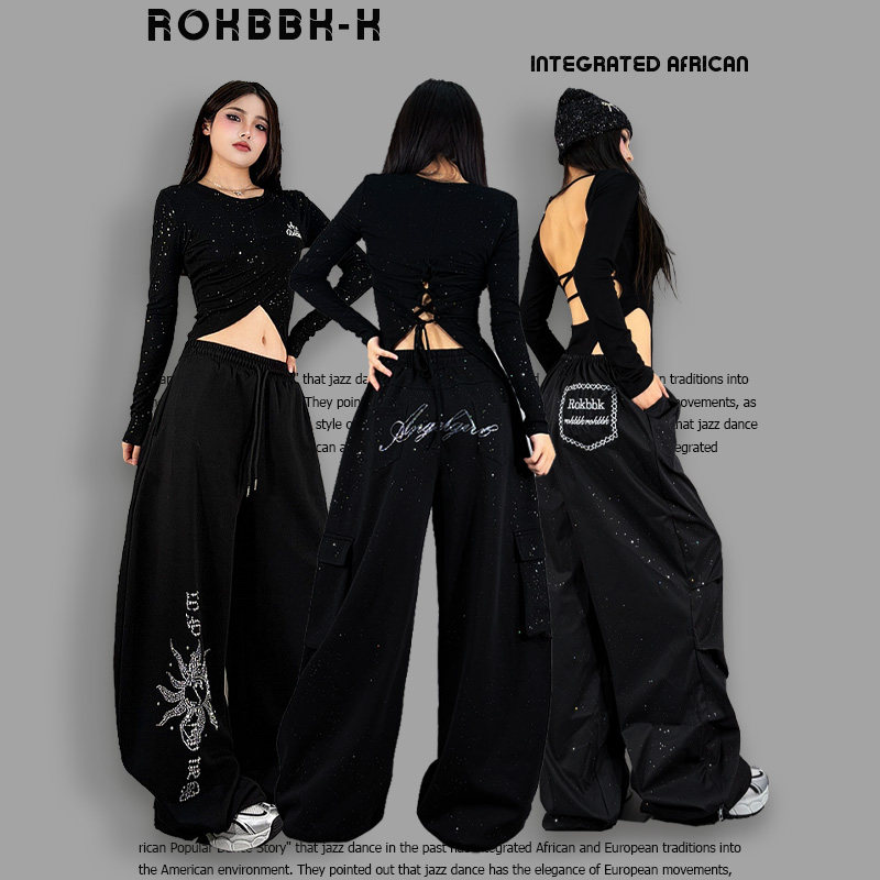 ROKBBK－K/布韩美式嘻哈风黑色宽松阔腿裤女街头休闲长裤