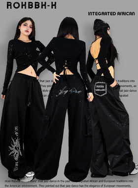 ROKBBK－K/布韩美式嘻哈风黑色宽松阔腿裤女街头休闲长裤