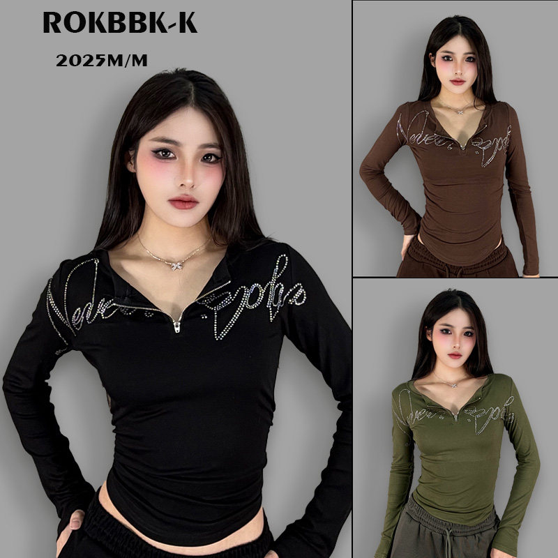 ROKBBK－K/布韩千禧运动美学长袖烫钻T恤女半拉链显瘦百搭打底衫