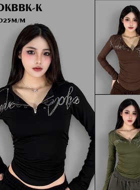 ROKBBK－K/布韩千禧运动美学长袖烫钻T恤女半拉链显瘦百搭打底衫