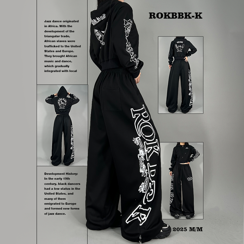 ROKBBK-K布韩街舞潮牌秋冬上新字母印花黑色两件套休闲裤女爵士舞