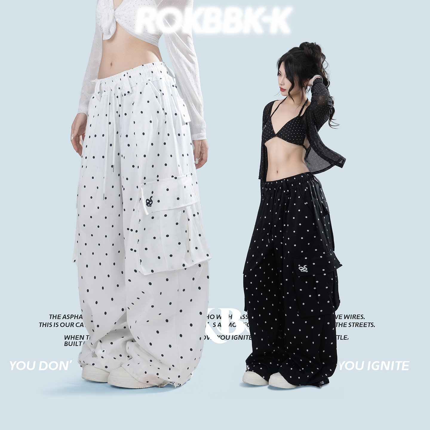 ROKBBK－K/布韩波点阔腿休闲裤女松紧腰宽松拖地长裤工装风多口袋