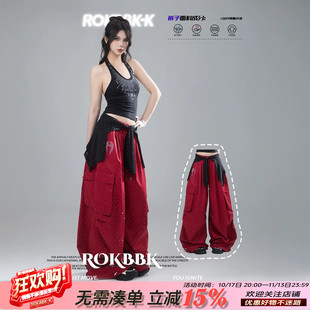 ROKBBK－K/布韩工装风红色阔腿裤女宽松飘带弯刀裤美式街头休闲裤