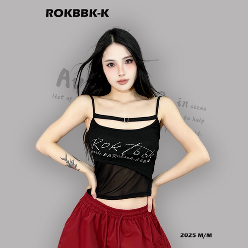 ROKBBK-K/布韩街舞潮牌显瘦设计烫钻网纱拼接吊带女修身辣妹休闲